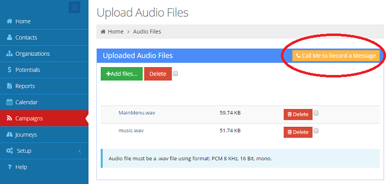 Record your audio files for your auto dialer campaign by your phone