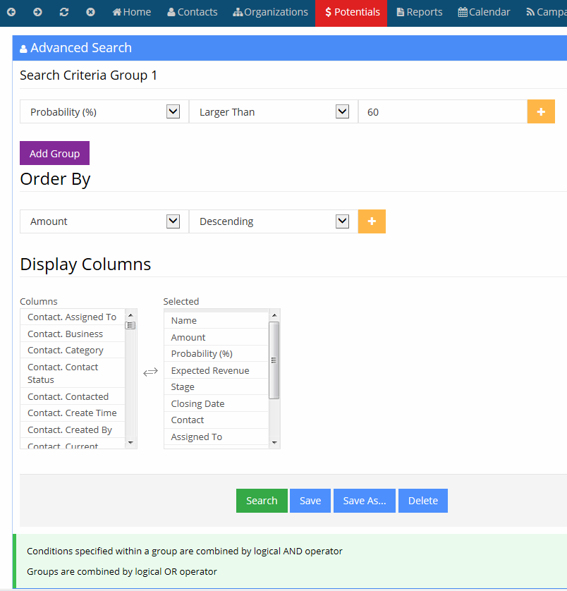 Advanced search in CRM and save CRM groups